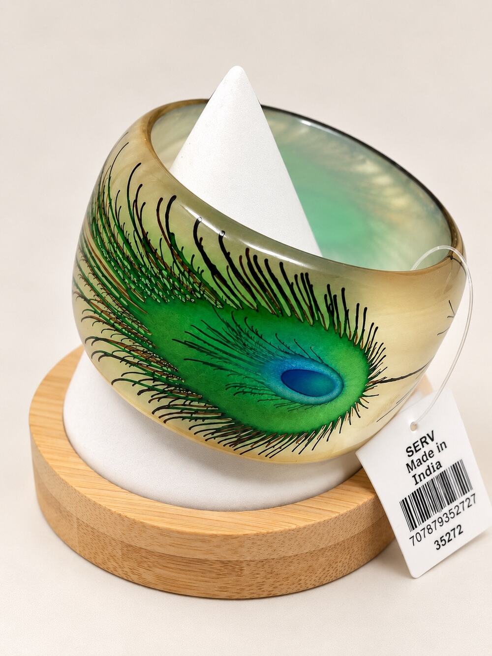 Y2K Peacock Feather Resin Bangle Wide Boho Bold Statement Bracelet NOS India